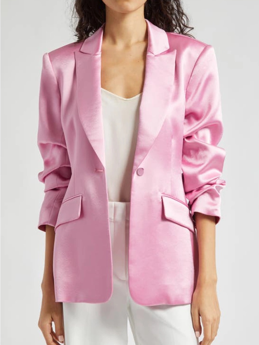 Cinq a Sept Cheyenne Smooth Satin Scrunched-Sleeve Blazer